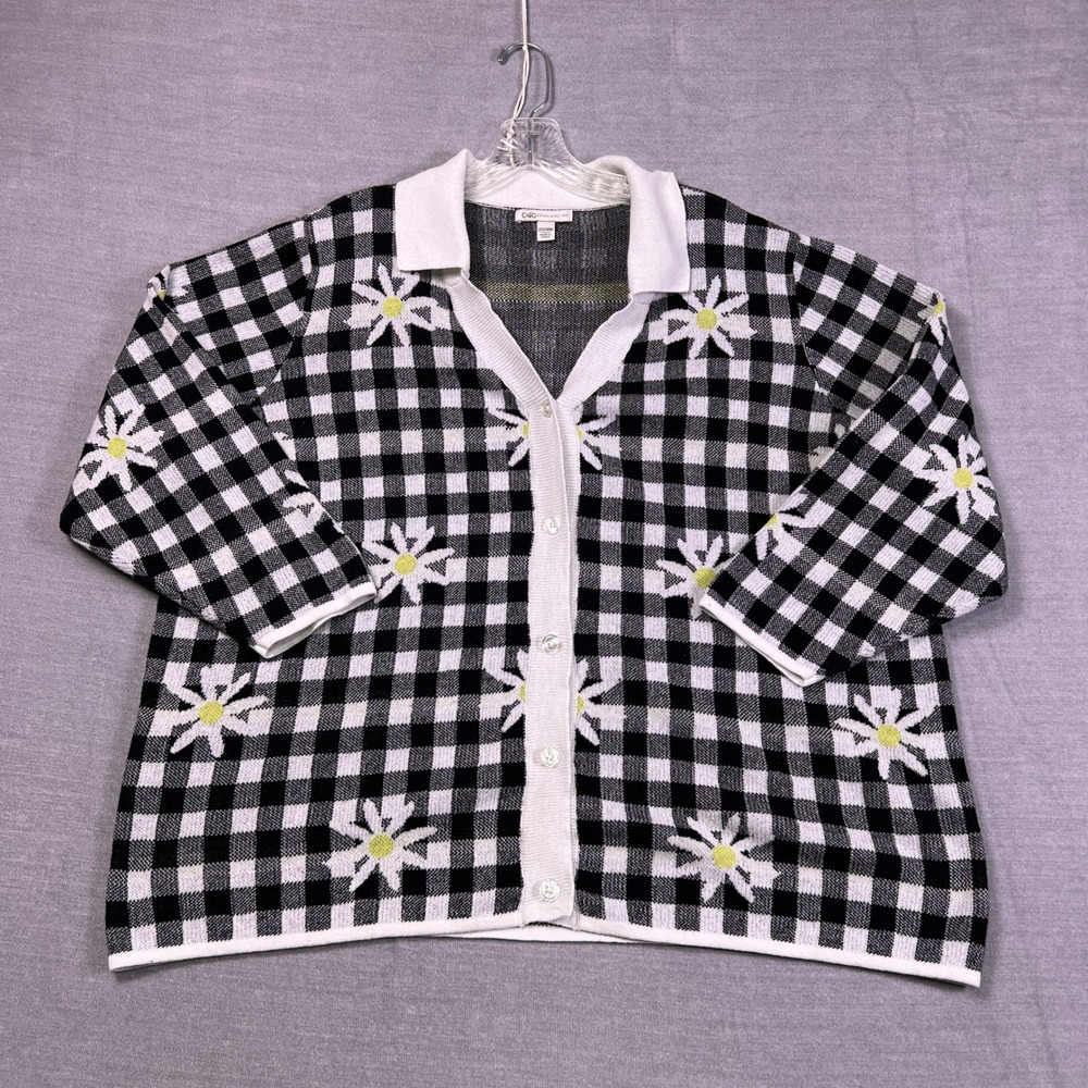 Cato Daisy Gingham Button Front Collar Cardigan Sweater Wmns 22/24W Black White